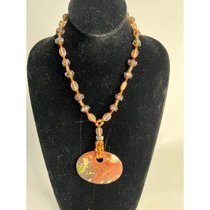 Artisan Made Handmade  OS Brown  Unakite Jasper Pendant Necklace Vintage